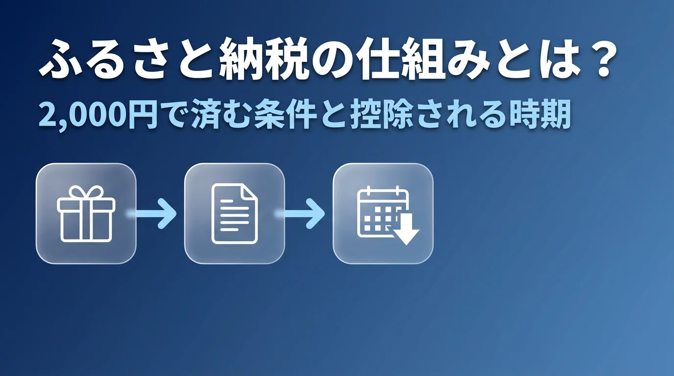ふるさと納税の仕組みと、自己負担2,000円で済む条件、控除される時期を解説する記事のアイキャッチ