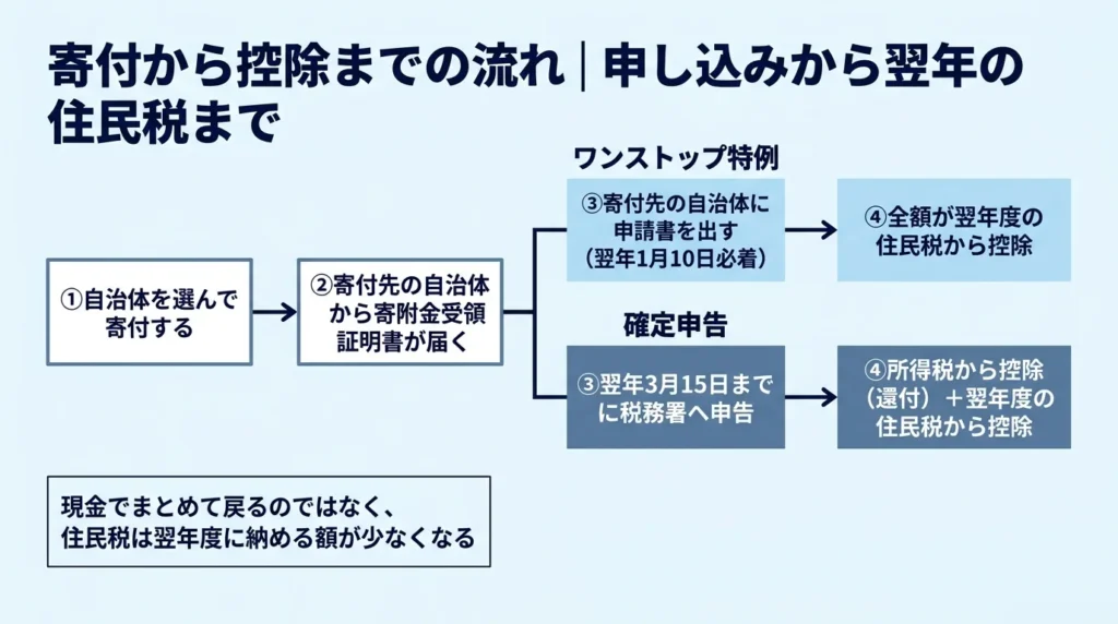 ふるさと納税で寄付してから控除されるまでの流れを、ワンストップ特例と確定申告の2通りで示した図