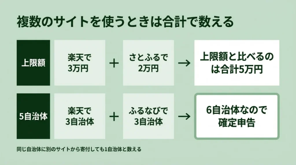 複数のサイトで寄付したときに、上限額と5自治体を全サイトの合計で数える例を示した図