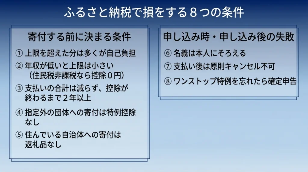 ふるさと納税で損をする8つの条件を、寄付する前に決まる条件と申し込み時・後の失敗に分けて示した図
