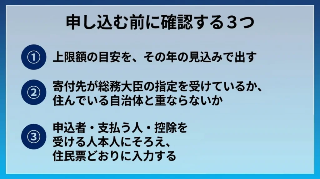 ふるさと納税で損を避けるために申し込む前に確認する3つの項目を示した図