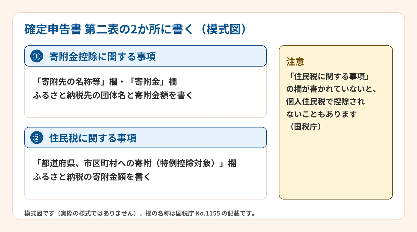 確定申告書第二表で、寄附金控除に関する事項と、住民税に関する事項の2か所にふるさと納税を書く模式図