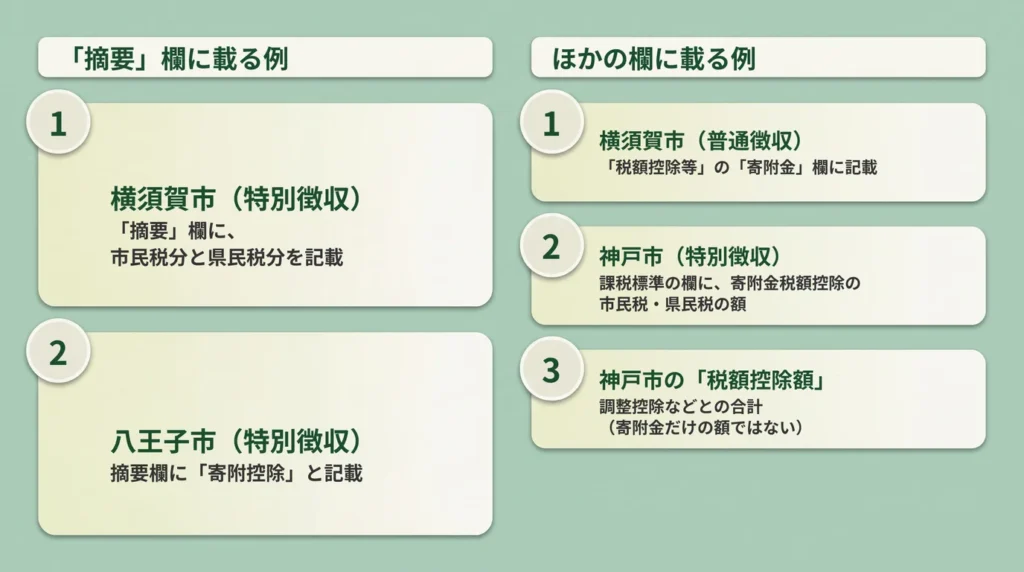 ふるさと納税の控除額が通知書のどこに載るかを、横須賀市・八王子市・神戸市の例で示した図：「摘要」欄に載る例と、「税額控除等」の寄附金欄・課税標準の欄・税額控除額の合計に載る例